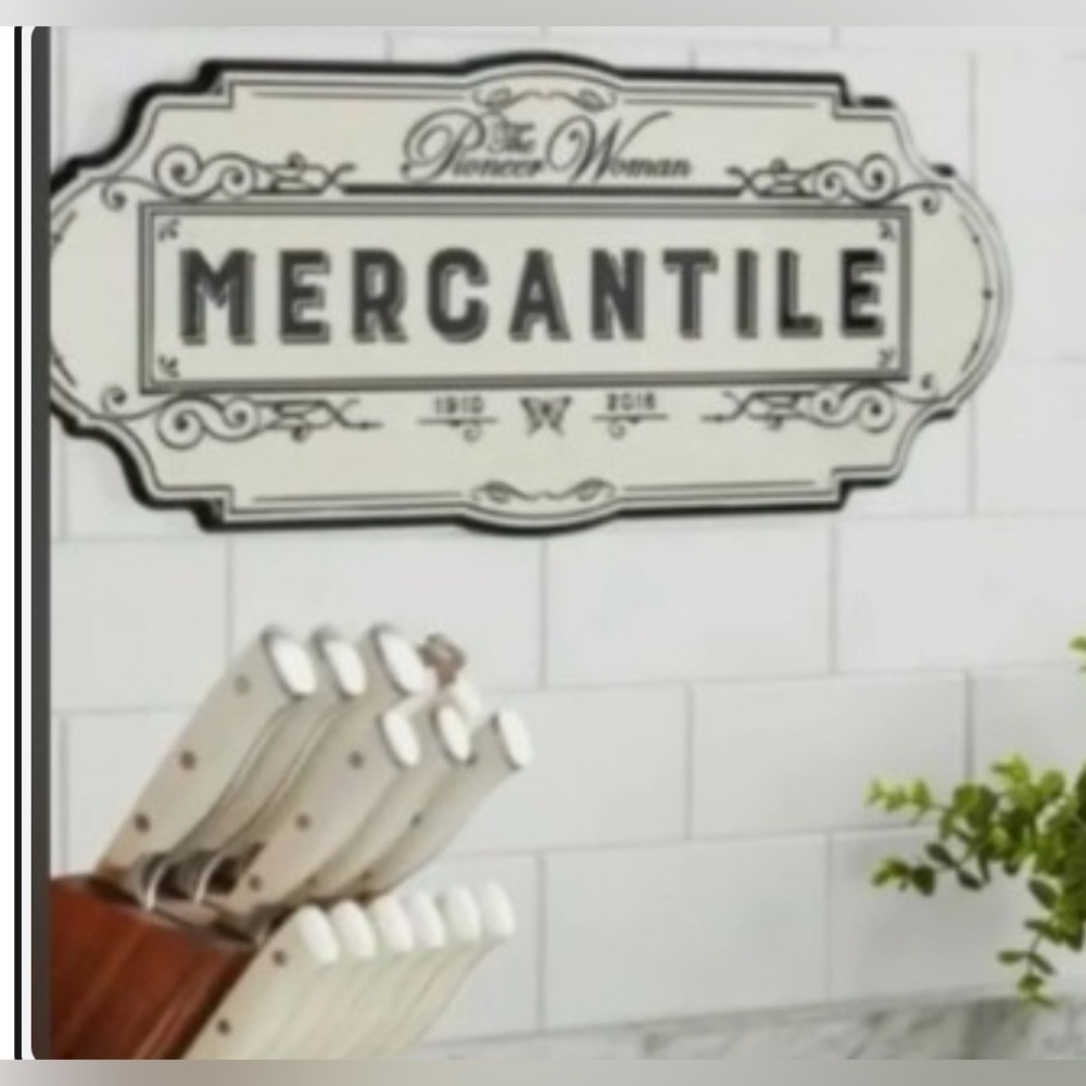 The Pioneer Woman “Mercantile”Vintage Look Metal Hanging Sign 20"x9"B/W~NEW!